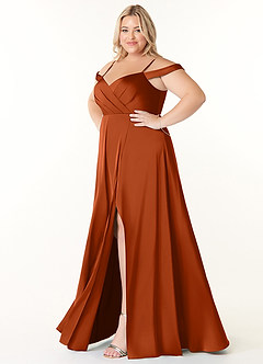 Azazie Ocean Brautjungfernkleider A-Linie V-Hals Gefaltet Stretch-Satin Kleid Gebranntes Orange image8