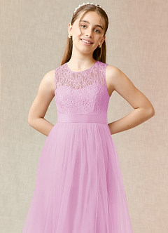 Azazie Georgette Junior Candy Pink A-Line Lace Tulle Dress image5