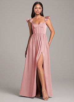 Azazie Denisse Robes de demoiselle d'honneur Robe Trapèze en Satin extensible Rayé Rose Poudré image5