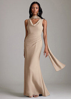 Azazie Linelle Robes de demoiselle d'honneur Robe Sirène en Mousseline de soie Plissée Taupe image1