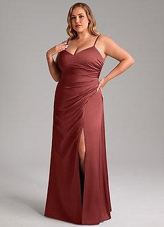 Azazie Azuree Bridesmaid Dresses Terracotta A-Line Pleated Stretch Satin Dress image9