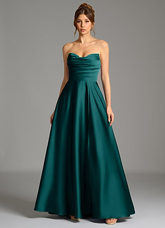 Azazie Ayla Abiti da Damigella Abito A-Line in Raso Elasticizzato Corsetto Verde Pavone image3