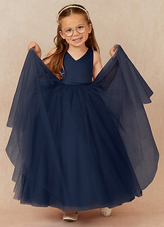 Azazie Marybell Flower Girl Dresses Dark Navy A-Line Bow Tulle Dress image3