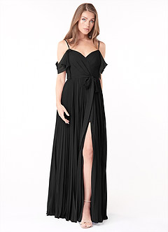 Azazie Lyney Brautjungfernkleider A-Linie Schulterfrei Chiffon Kleid Schwarz image1