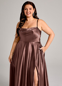 Azazie Elle Brautjungfernkleider A-Linie mit Taschen Metallischer Satin Kleid Espresso image12