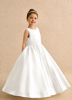 Azazie Trinity Flower Girl Dresses Ivory Ball-Gown Bow Matte Satin Dress image4