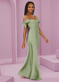 Barbie ♥ Azazie Jurken voor bruidsmeisjes Converteerbaar Jurk van Stretch Satijn met Kolom Off the Shoulder Stoffige Salie image1