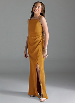 Azazie Leonis Junior A-Linie Plissee Stretch-Satin Kleid Butterscotch image4