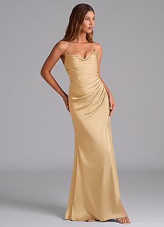 Azazie Claudelle Jurken voor bruidsmeisjes Jurk van Stretch Satijn met Zeemeermin Strapless Goud image4