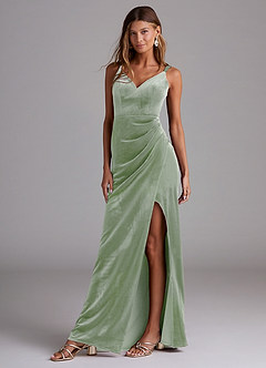 Azazie Leo Robes de demoiselle d'honneur Robe Fourreau en velours Plissée Vert Sauge image1