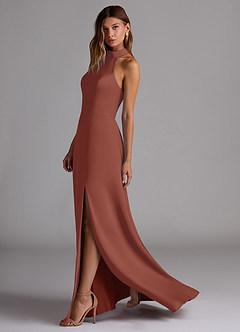 Azazie Myra Robes de demoiselle d'honneur Robe Trapèze en Satin extensible Fente Latérale Auburn image5
