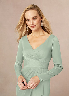 Azazie Risa Mother of the Bride Dresses Dusty Sage Mermaid V-Neck Pleated Mesh Dress image4