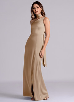 Azazie Phaedra Bridesmaid Dresses Taupe A-Line One Shoulder Stretch Satin Dress image6