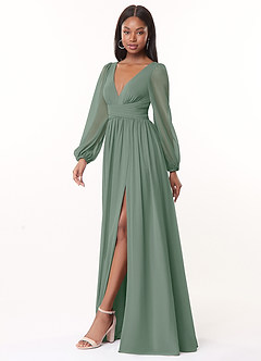 Azazie Norah Brautjungfernkleider A-Linie Lange Ärmel mit V-Ausschnitt Chiffon Kleid Silberner Salbei image4