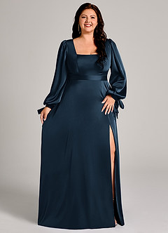 Azazie Leonia Bridesmaid Dresses Dark Navy A-Line Long Sleeve Stretch Satin Dress image11