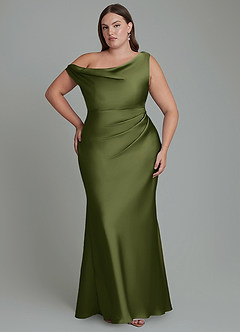Azazie Emerson Jurken voor bruidsmeisjes Jurk van Stretch Satijn met Zeemeermin Off-shoulder Olijf image1