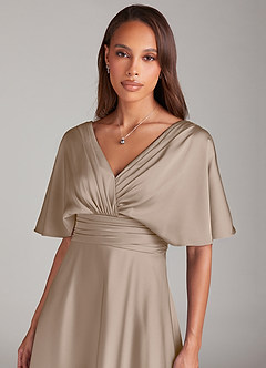 Azazie Pamela Bridesmaid Dresses Taupe A-Line Pleated Stretch Satin Dress image5