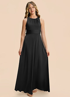 Azazie Christina Junior Vestido Negro de Satén Elástico de Corte en A con Drapeado image6