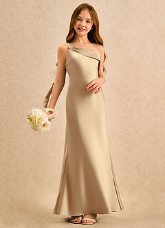 Azazie Almond Girls Formal Sukienki dla dziewczynek sypiących kwiaty Osłona Jedno ramię Satyna elastyczna Długość podłogi Sukienka image2