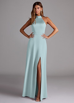 Azazie Myra Bridesmaid Dresses Mist A-Line Side Slit Stretch Satin Dress image3
