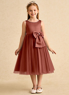 Azazie Twinsie vestidos de niña de las flores Vestido de Castaño de Tul de Corte En A con Lazo image1