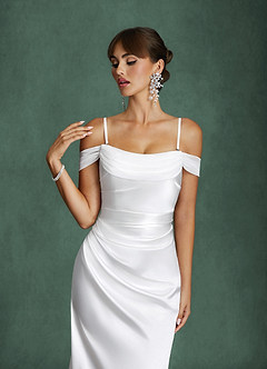 Azazie Darlene Wedding Dresses Diamond White Mermaid Off the Shoulder Metallic Satin Dress image3