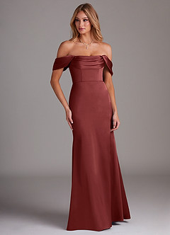 Azazie Saige Bridesmaid Dresses Terracotta Sheath Off the Shoulder Stretch Satin Dress image4