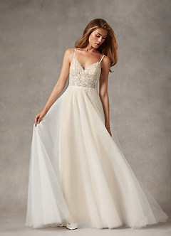 Azazie Tatiana Wedding Dresses Diamond White Nude A-Line V-Neck Sequins Tulle Dress image3