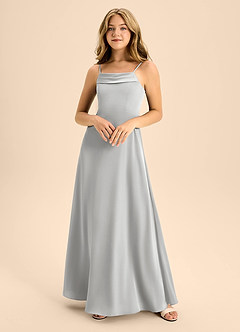 Azazie Anselie Junior Vestido de Plata de Satén Elástico de Corte En A con Vestidos sin tirantes image3