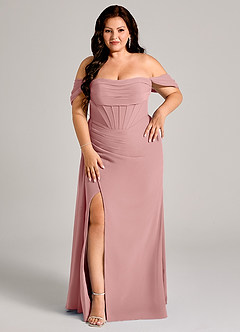 Azazie Amyra Bridesmaid Dresses Dusty Rose Sheath Off the Shoulder Chiffon Convertible Dress image12