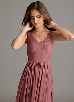 Azazie Keyla Robes de demoiselle d'honneur Robe Trapèze en Maille Plissée Rose Du Désert image7
