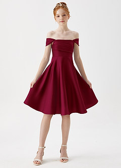 Azazie Amira Junior Burgundy A-Line Pleated Stretch Satin Dress image5