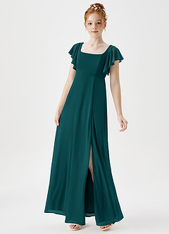 Azazie Bondi Junior Peacock A-Line Side Slit Mesh Dress image3