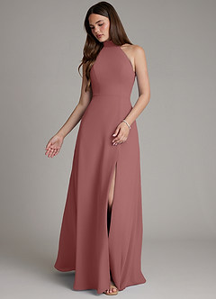 Azazie Myra Robes de demoiselle d'honneur Robe Trapèze en Mousseline de soie Col Haut Rose Du Désert image4