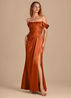 Azazie Shea Vestidos de damas de honor Vestido de Naranja Quemada de Satén Metálico de Corte Sirena Convertible con Vestidos sin tirantes image1