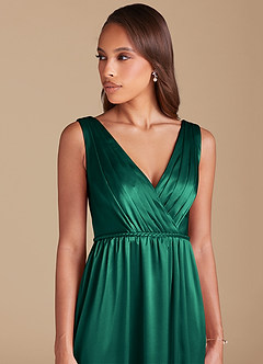 Azazie Tanicia Bridesmaid Dresses Emerald A-Line Pleated Metallic Satin Dress image2