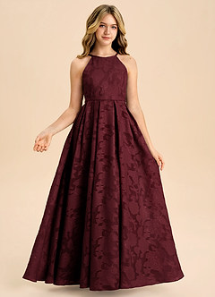 Azazie Arianthe Junior Abito A-Line in Burnout Floreale Plissettato Cabernet image3