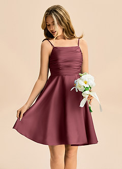 Azazie Miko Junior Merlot A-Line Pleated Stretch Satin Dress image4