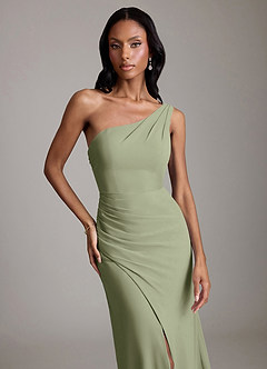 Azazie Madelyn Vestidos de damas de honor Vestido de Pistacho de Gasa de Corte Sirena Convertible con Hombro unilateral image8