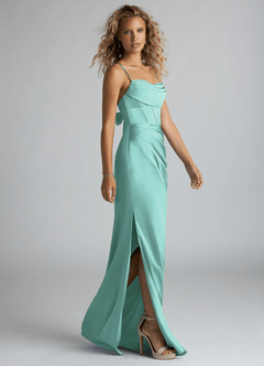 Azazie Mai Bridesmaid Dresses Aqua Sheath Pleated Stretch Satin Dress image4