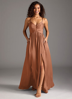 Azazie Alia Bridesmaid Dresses Bronzer A-Line Pleated Stretch Satin Dress image5