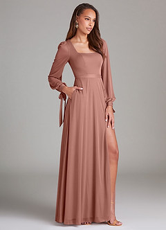 Azazie Leonia Bridesmaid Dresses Cedar Rose A-Line Long Sleeve Mesh Dress image3