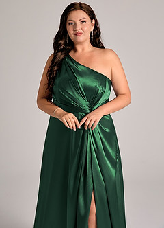 Azazie Brooke Bridesmaid Dresses Dark Green A-Line One Shoulder Metallic Satin Dress image13