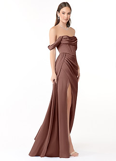 Azazie Amyra Jurken voor bruidsmeisjes Converteerbaar Jurk van Stretch Satijn met Kolom Off the Shoulder Espresso image4