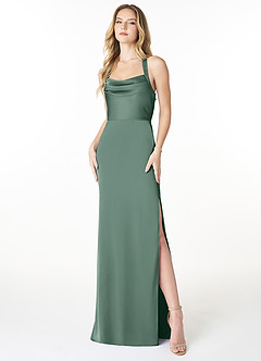Azazie Myla Bridesmaid Dresses Eucalyptus Sheath Cowl Keyhole Stretch Satin Dress image1