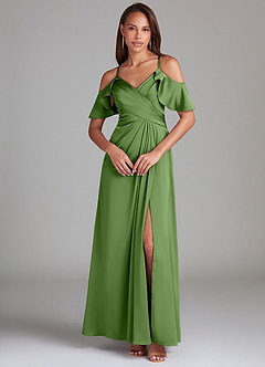 Azazie Dakota Bridesmaid Dresses Basil A-Line Off the Shoulder Stretch Satin Dress image3