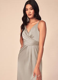 Azazie Aqua Bridesmaid Dresses Frost A-Line V-Neck Pleated Stretch Satin Dress image11