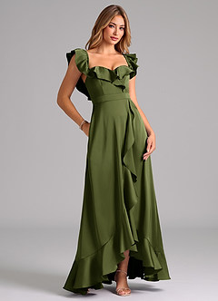 Azazie Lyra Bridesmaid Dresses Olive A-Line Off the Shoulder Stretch Satin Convertible Dress image2