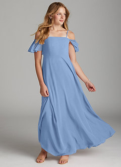 Azazie Sue Junior Jurk van Chiffon met A-Lijn Off the Shoulder Staal Blauw image2