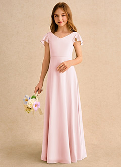 Azazie Nari Junior Formal Flower Girl Dresses Blushing Pink A-Line with Sleeves Chiffon Dress image4
